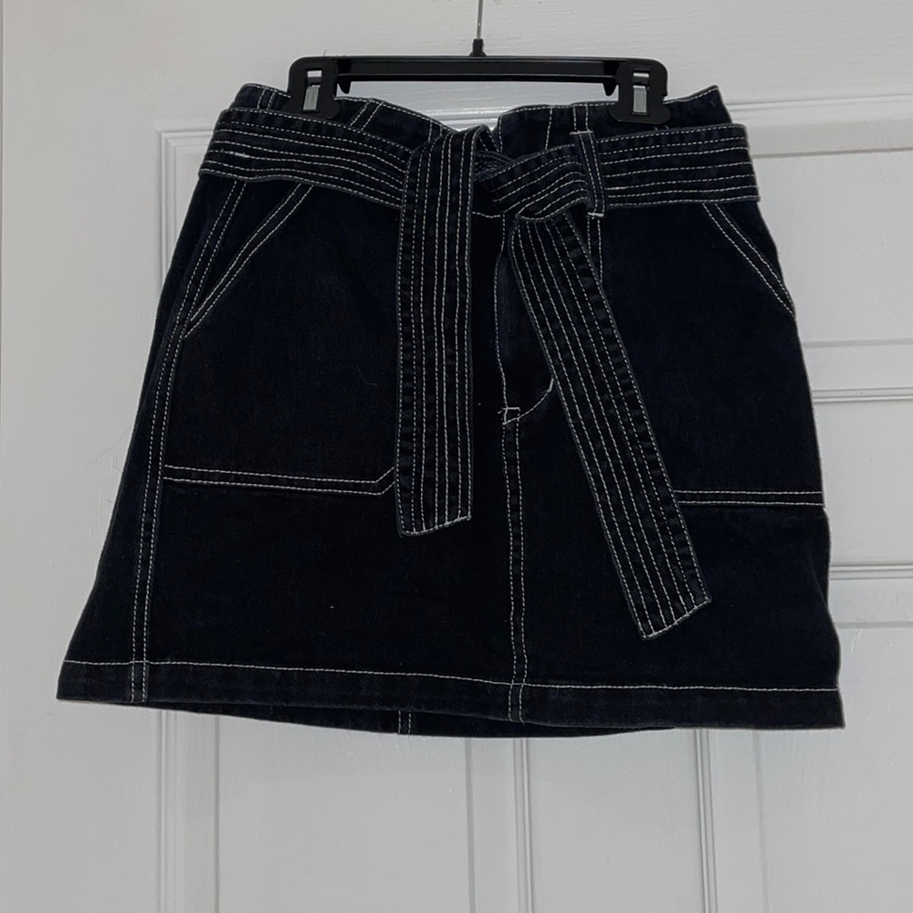 Tie front black denim skirt